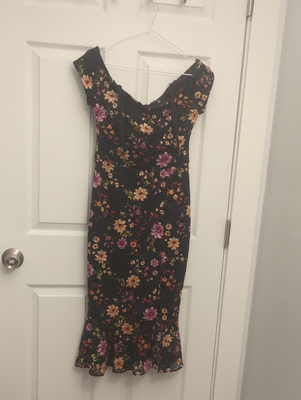 Guess Black Off-Shoulder Midi Dress with Pink & Yellow Floral Print